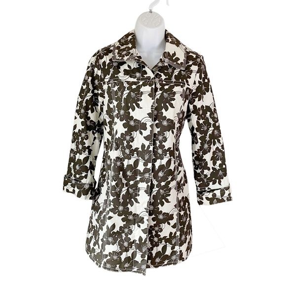 Eddie Bauer Brown and Cream Rain Coat Trench Jacket Floral Hibiscus - Picture 11 of 12